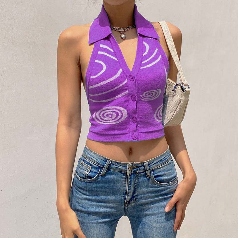 Women Button Down Knitted Vest Crop Slim Fit Sweater Tank Top V Neck