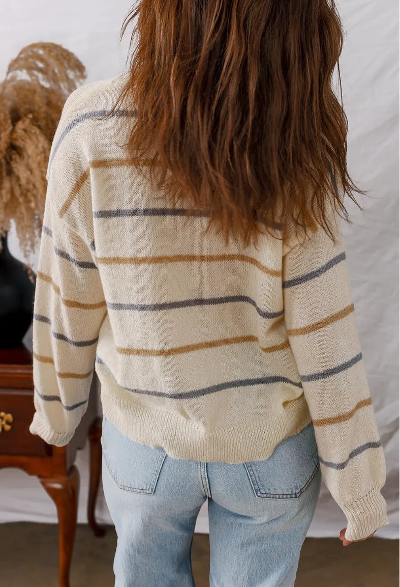 Women Stripped Crew Neck Drop Shoulder Sweater Oversize - handmadeknit