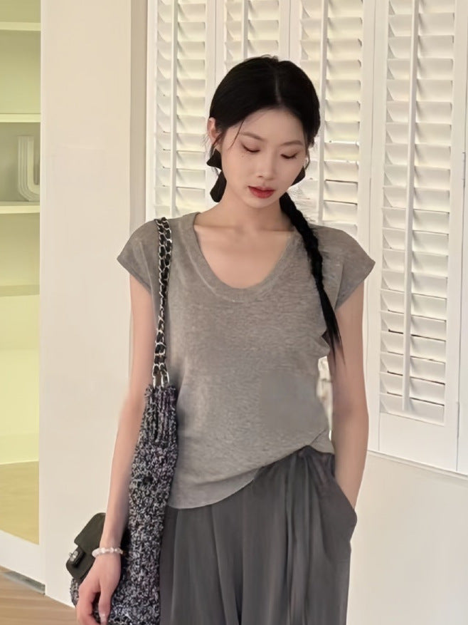 Women's Short Sleeve Knit Top Scoop Neck T-Shirt