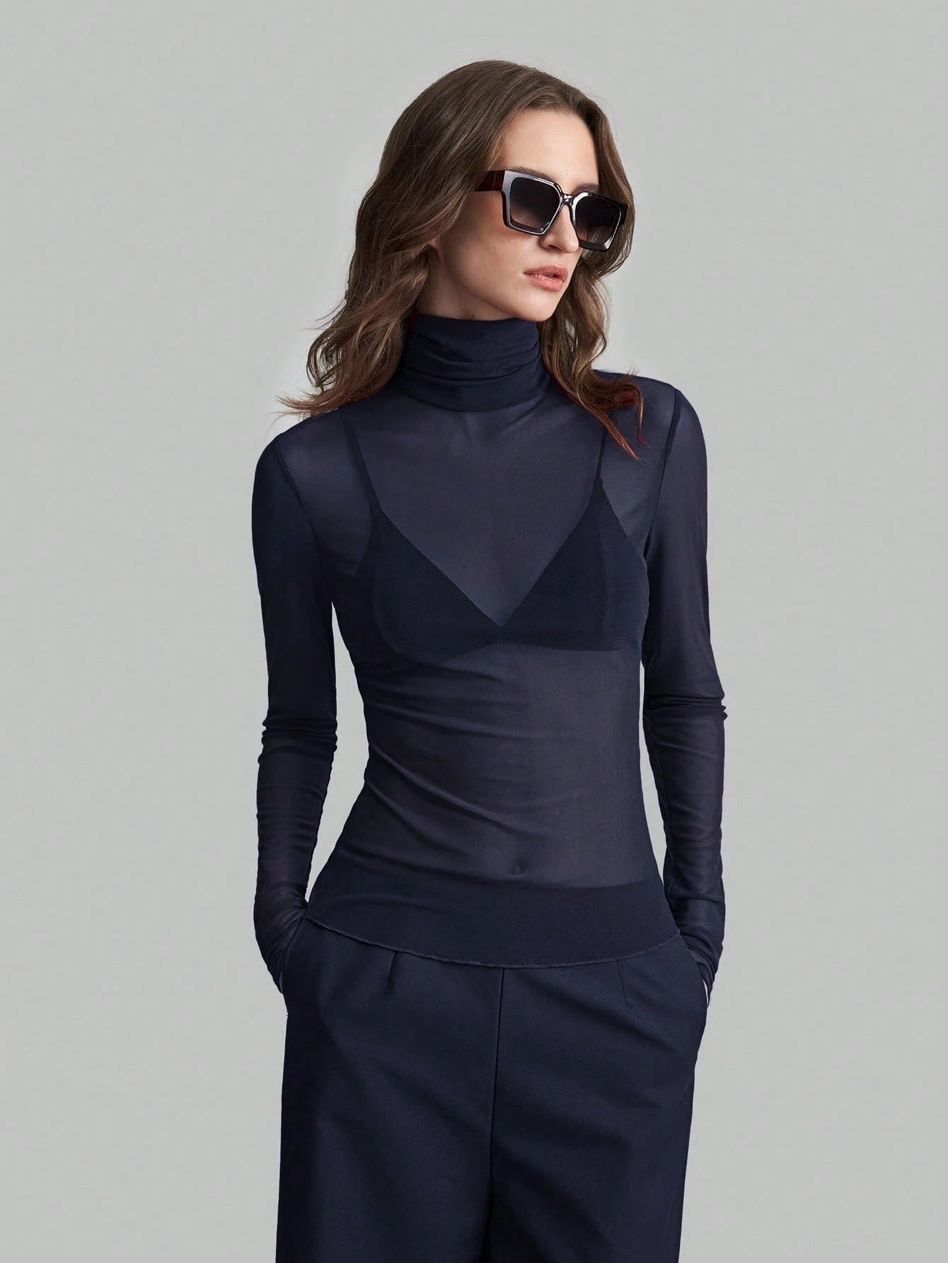 Women's Sheer Turtleneck Long Sleeve T Shirt Slim Fitted Solid Black Red Blue Color - handmadeknit