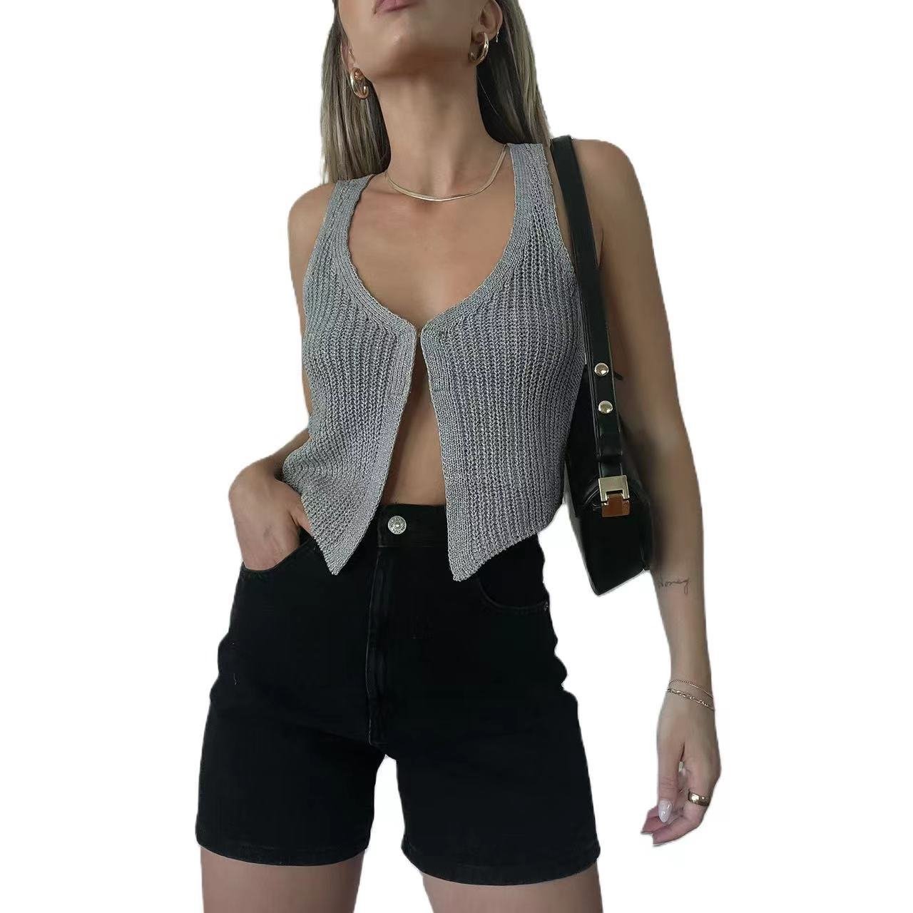 Women Summer Sweater Sexy Knitted Vest Top with V Neck - handmadeknit