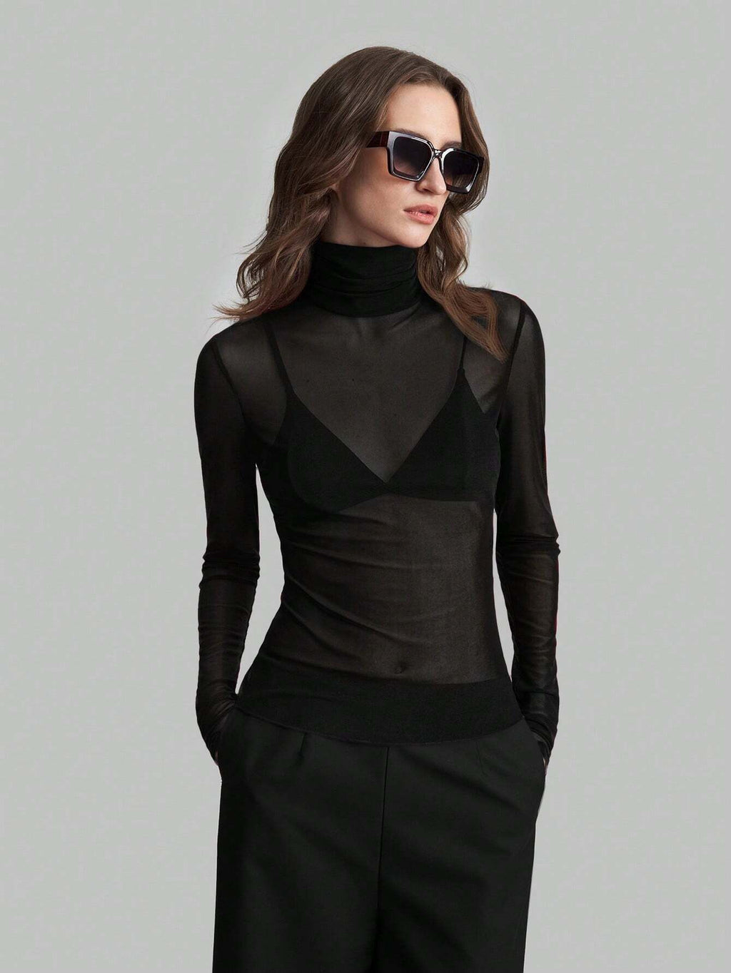 Women's Sheer Turtleneck Long Sleeve T Shirt Slim Fitted Solid Black Red Blue Color
