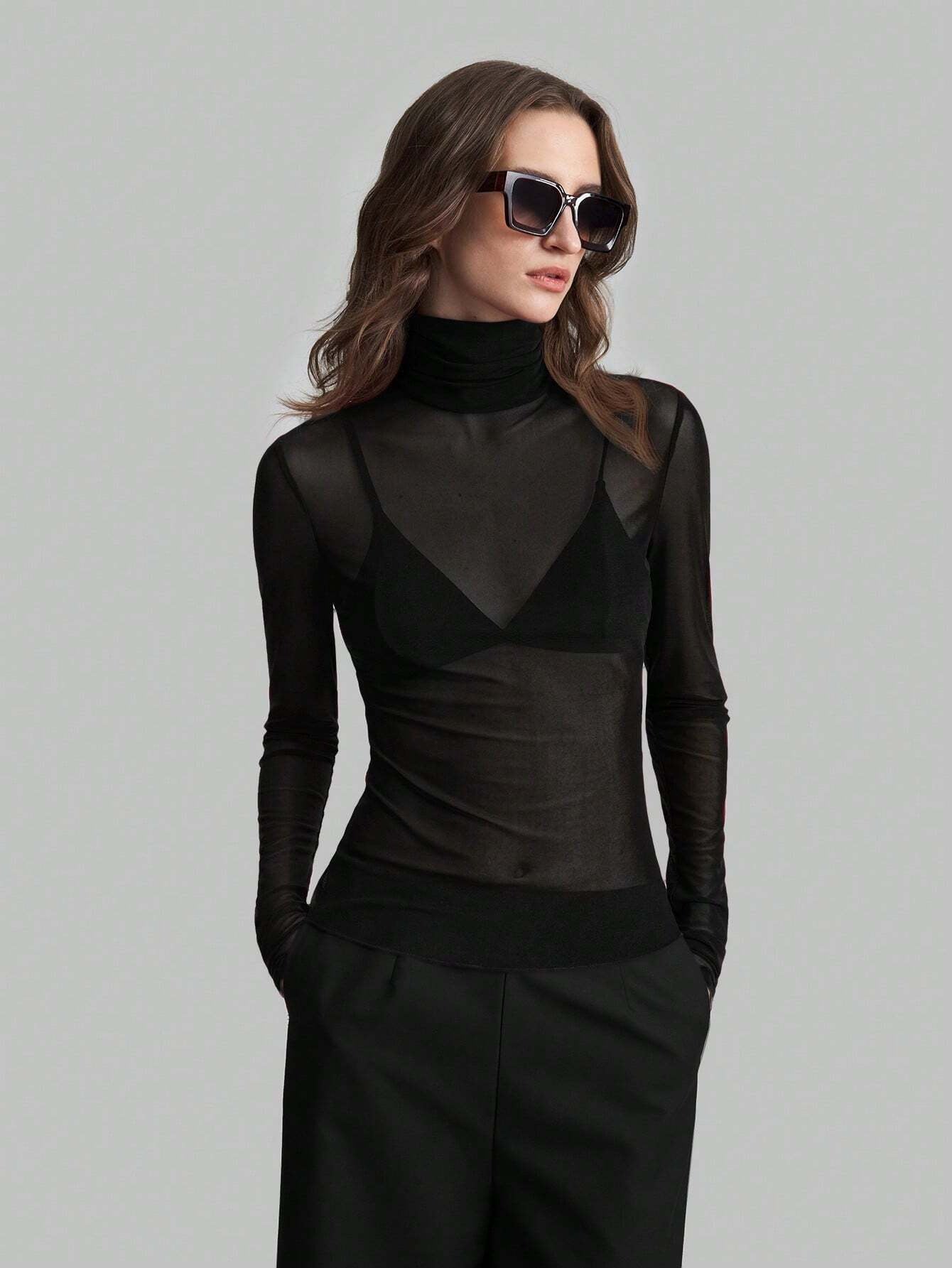 Women's Sheer Turtleneck Long Sleeve T Shirt Slim Fitted Solid Black Red Blue Color - handmadeknit