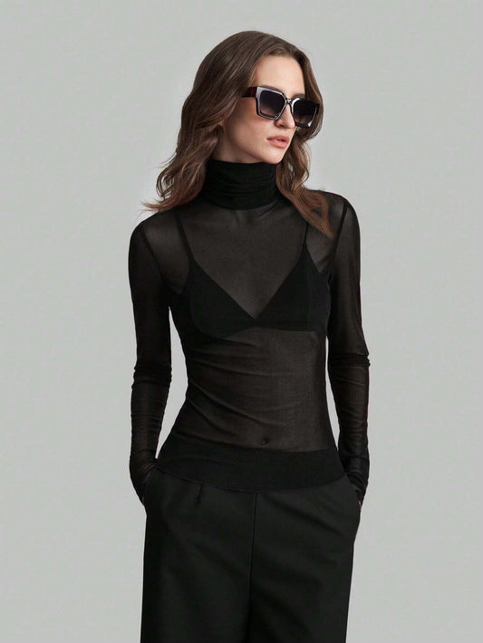 Women's Sheer Turtleneck Long Sleeve T Shirt Slim Fitted Solid Black Red Blue Color - handmadeknit