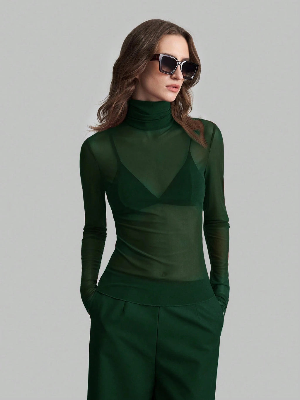 Women's Sheer Turtleneck Long Sleeve T Shirt Slim Fitted Solid Black Red Blue Color