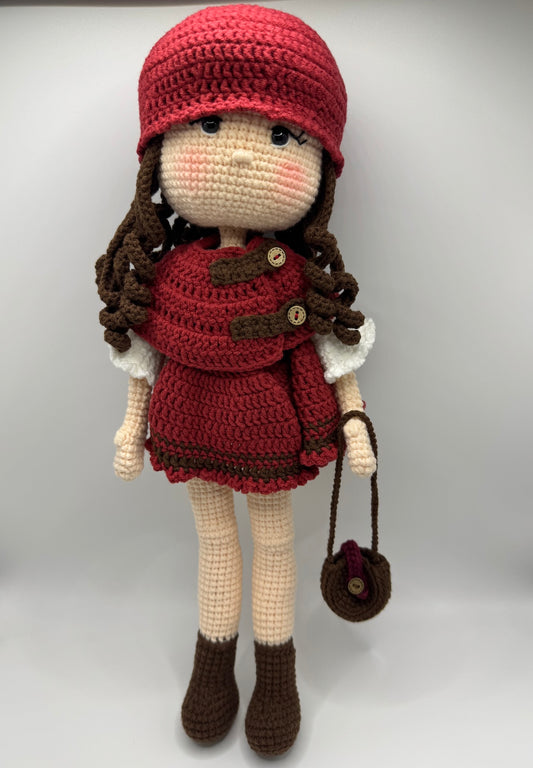 Adorable Handmade Crochet Girl Doll with Red Outfit Matching Hat & Mini Bag - handmadeknit