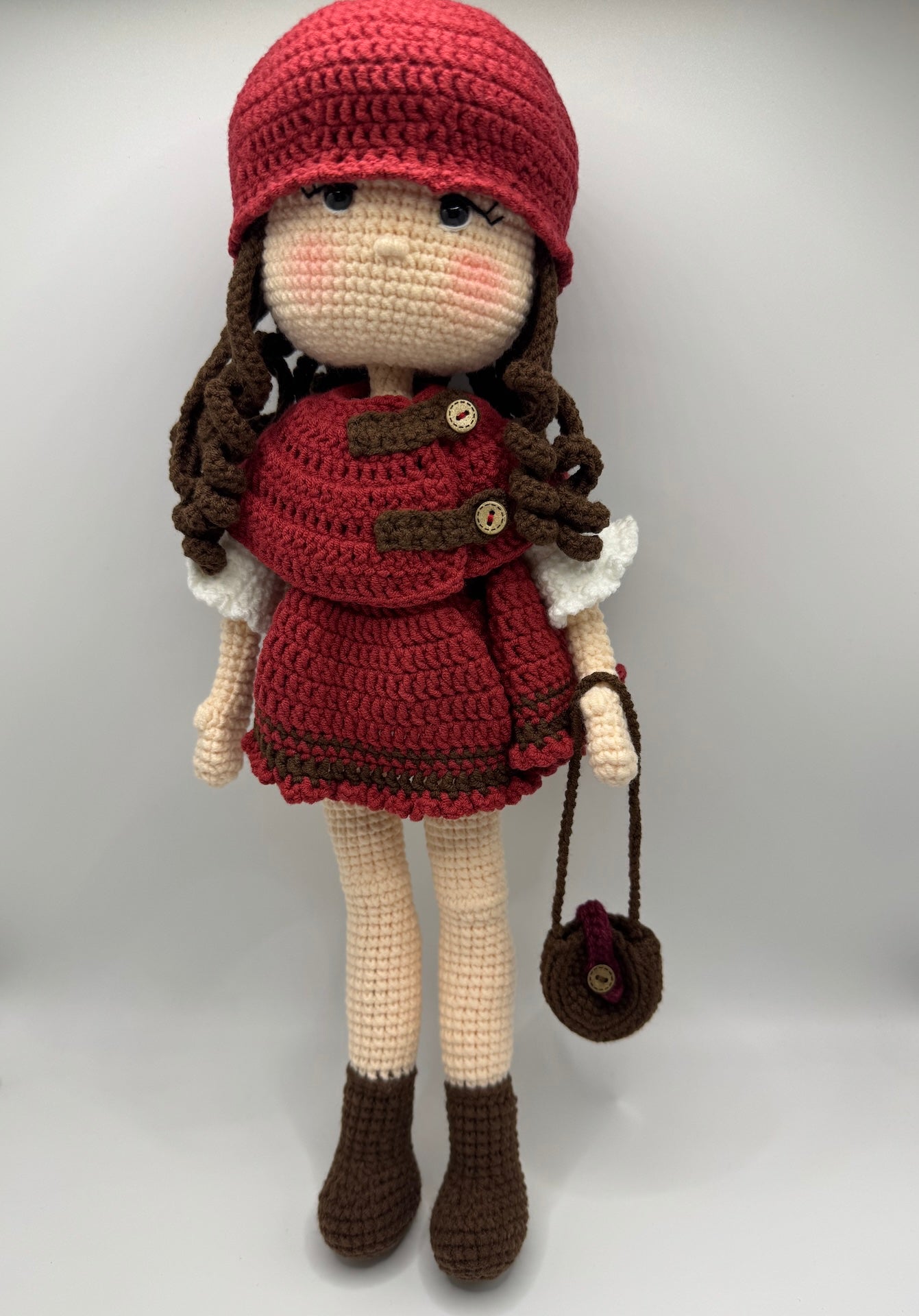 Adorable Handmade Crochet Girl Doll with Red Outfit Matching Hat & Mini Bag - handmadeknit