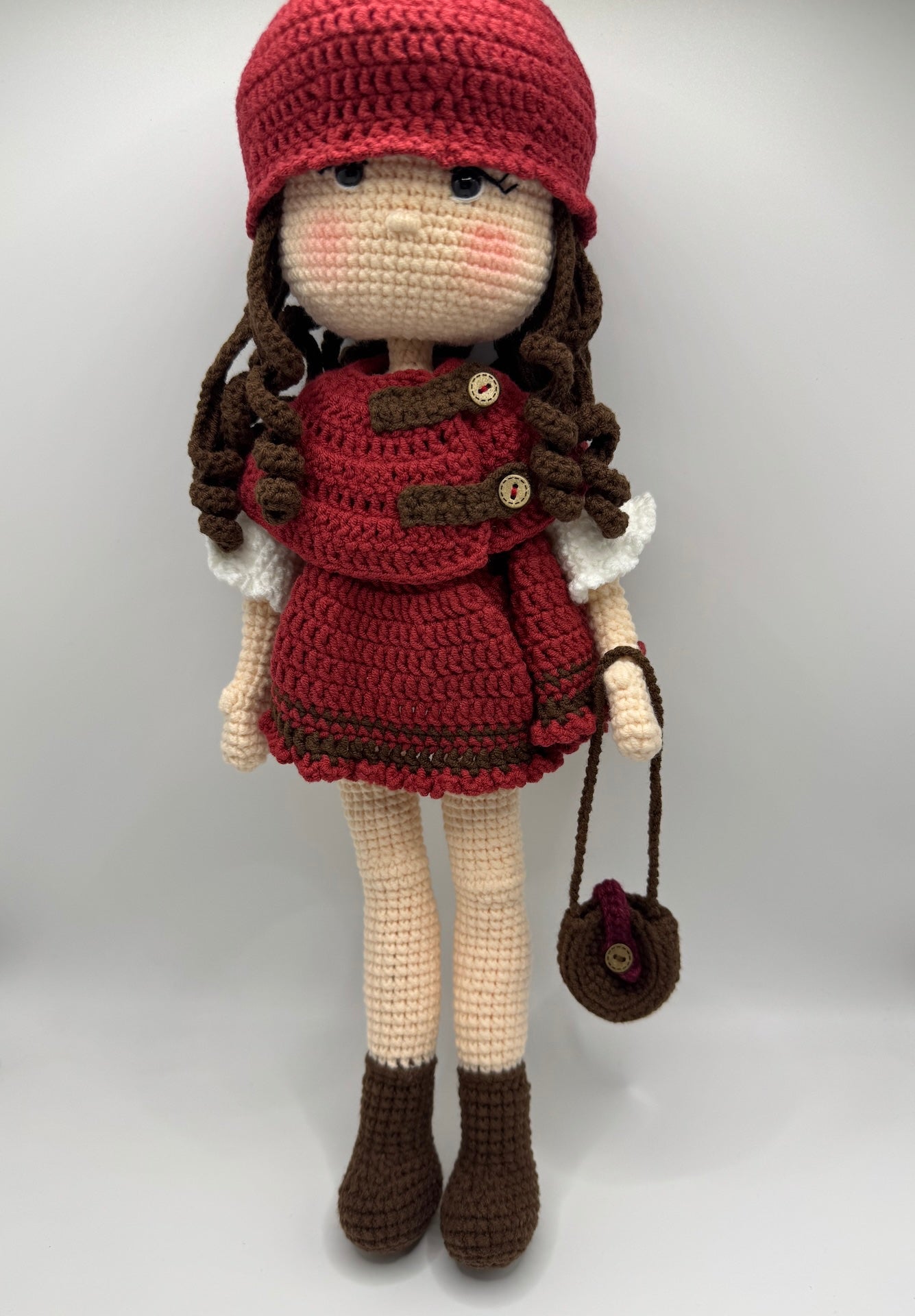 Adorable Handmade Crochet Girl Doll with Red Outfit Matching Hat & Mini Bag - handmadeknit