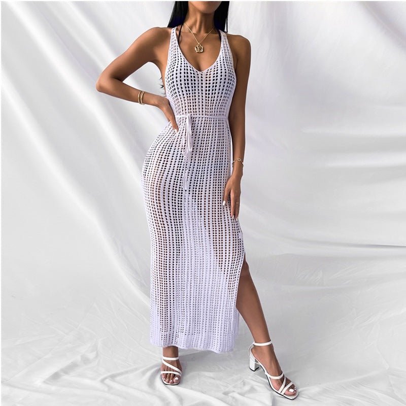 Knitted Beach Coverups Casual Dress for Women See Through Outfit with Side Slits and Open Back - handmadeknit