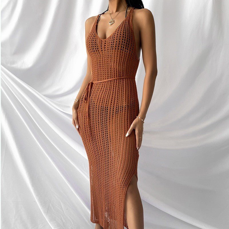 Knitted Beach Coverups Casual Dress for Women See Through Outfit with Side Slits and Open Back - handmadeknit