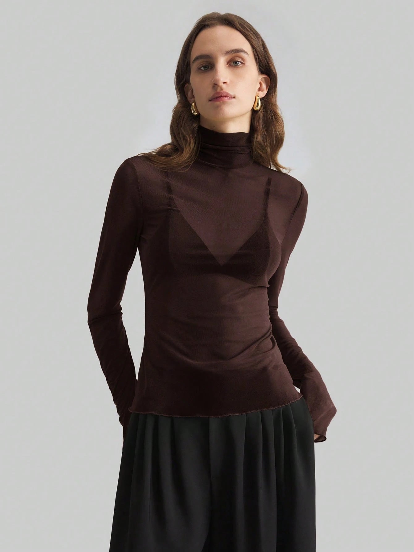 Women's Sheer Turtleneck Long Sleeve T Shirt Slim Fitted Solid Black Red Blue Color - handmadeknit