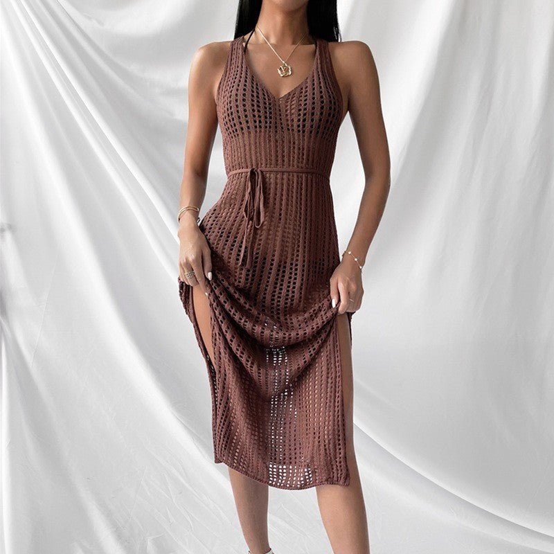 Knitted Beach Coverups Casual Dress for Women See Through Outfit with Side Slits and Open Back - handmadeknit