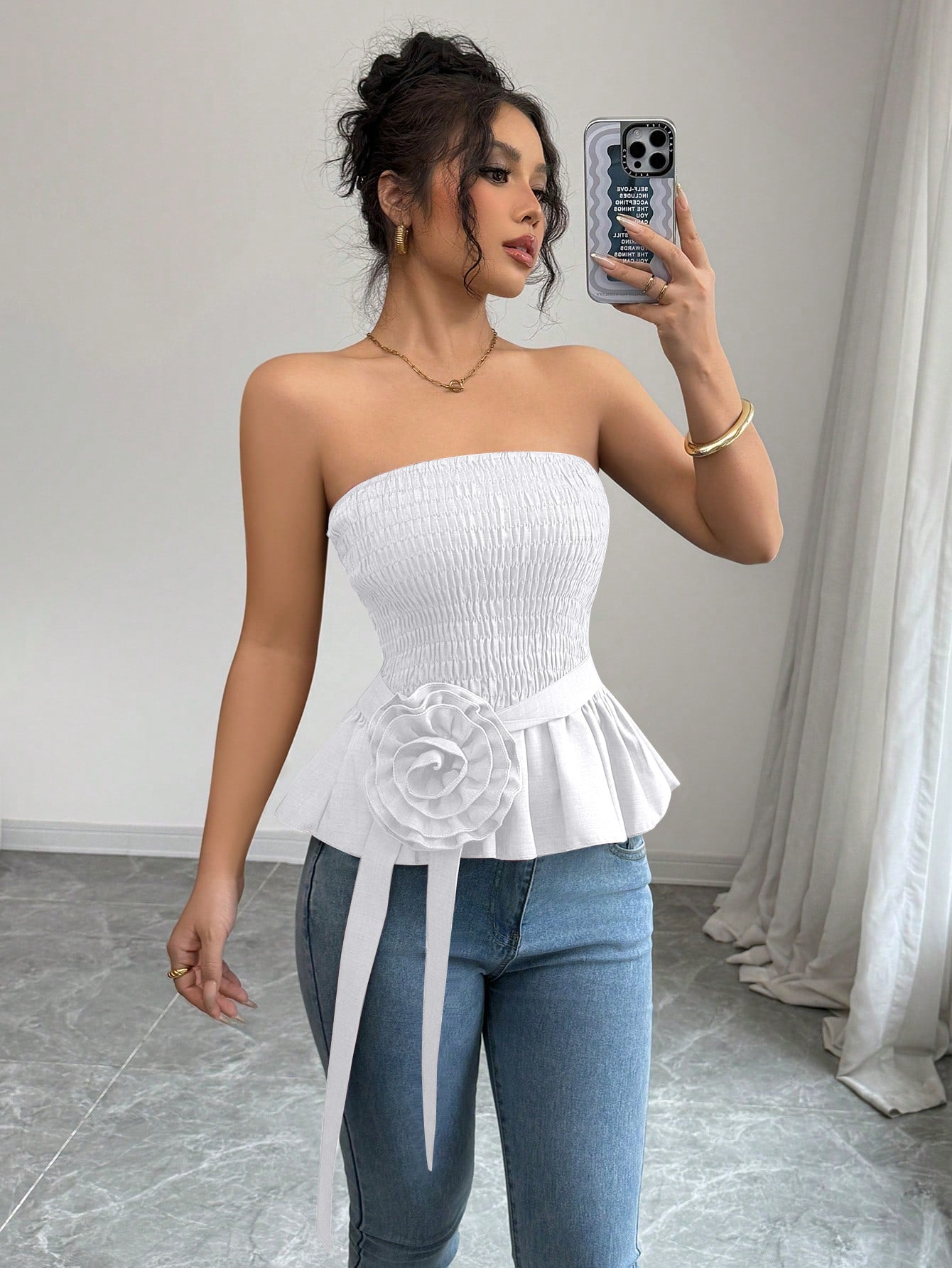 Women Bandeau Tank Top Sleeveless Slim Size Strapless Tube Top With Flower Belted