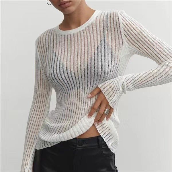 Knitting Neck Fitted Sweater Long Sleeves See Through T-Shirt Ribbed Knit Top for Women - handmadeknit