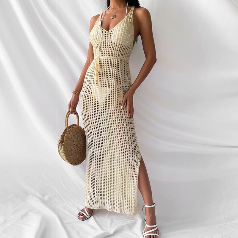 Knitted Beach Coverups Casual Dress for Women See Through Outfit with Side Slits and Open Back - handmadeknit