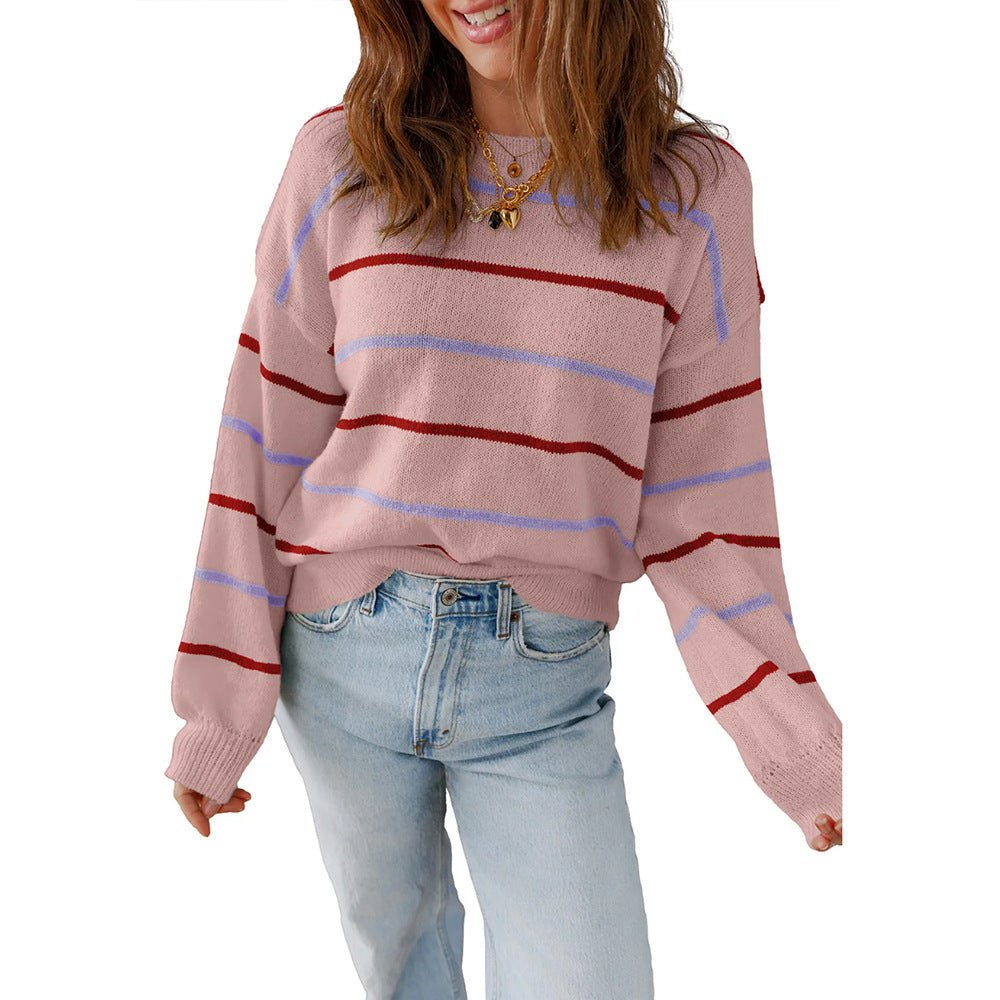 Women Stripped Crew Neck Drop Shoulder Sweater Oversize - handmadeknit
