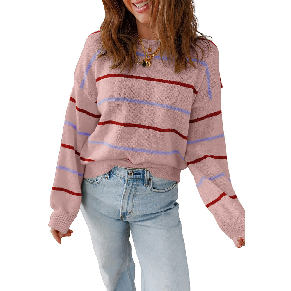 Women Stripped Crew Neck Drop Shoulder Sweater Oversize